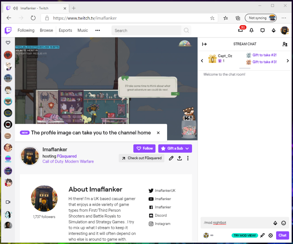 Step 5 - Head to your own Twitch page and type in /mod nightbot this will give NightBot moderator permissions in your Twitch Channel.